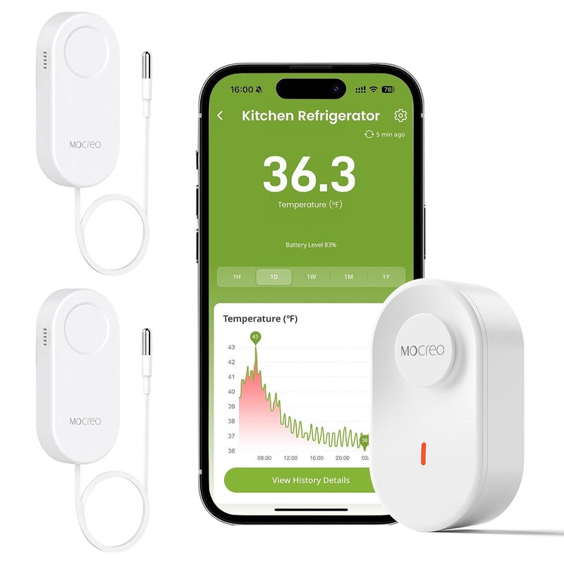موكريو جهاز إنذار مقياس حرارة الفريزر WiFi، تنبيه عبر البريد الإلكتروني، إشعار التطبيق، تصدير سجلات البيانات، بدون رسوم اشتراك، مستشعر درجة حرارة لاسلكي عن بُعد للثلاجة والفريزر وحوض الاستحمام الساخن (عبوة من قطعتين) … - Image 1