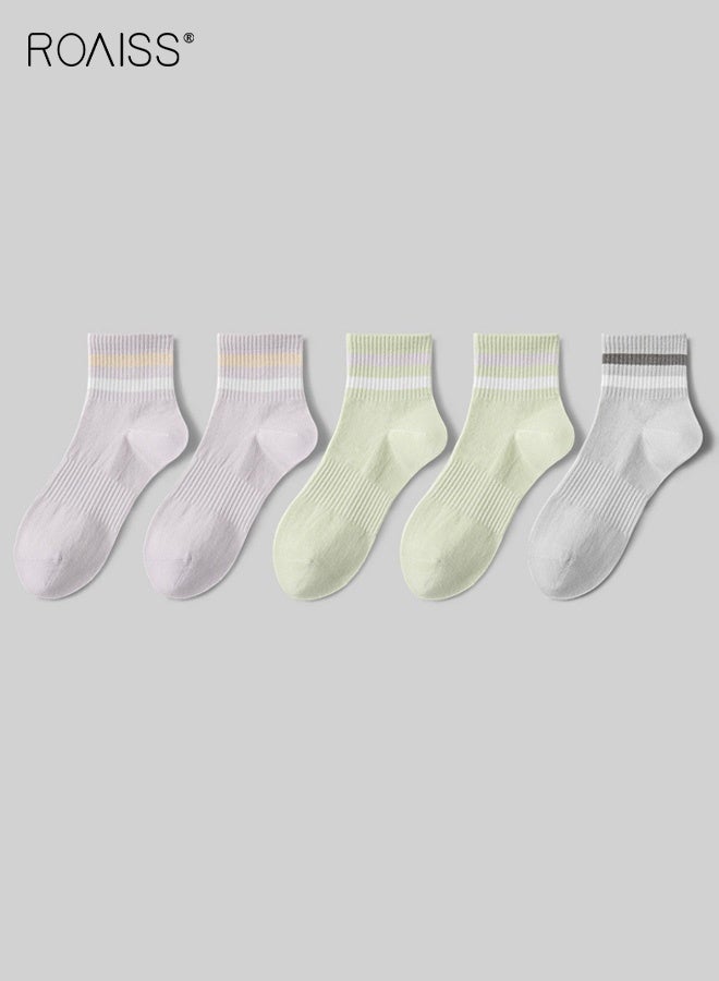 roaiss 5 Pairs  Women's Mid-Calf Socks Mesh Breathable, Sweat-Wicking, Odor-Resistant Striped Socks Spring/Summer Casual Athletic Pure Cotton Non-Slip Socks for Ladies - Image 1