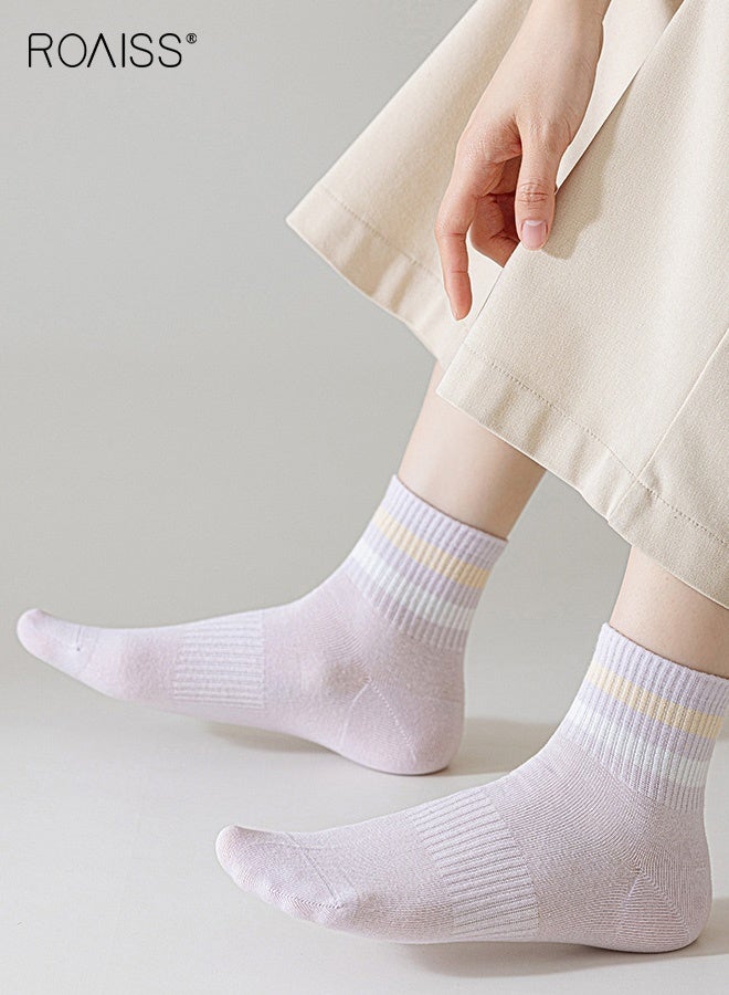 roaiss 5 Pairs  Women's Mid-Calf Socks Mesh Breathable, Sweat-Wicking, Odor-Resistant Striped Socks Spring/Summer Casual Athletic Pure Cotton Non-Slip Socks for Ladies - Image 5