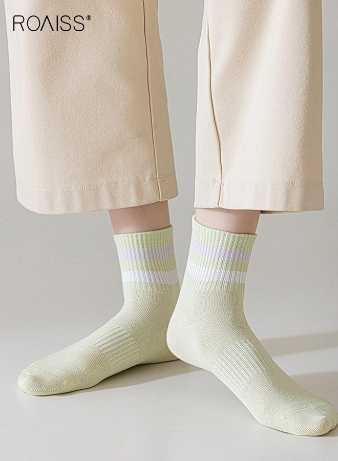 roaiss 5 Pairs  Women's Mid-Calf Socks Mesh Breathable, Sweat-Wicking, Odor-Resistant Striped Socks Spring/Summer Casual Athletic Pure Cotton Non-Slip Socks for Ladies - Image 4