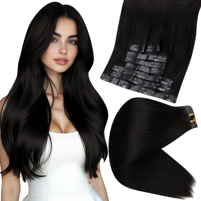 Full Shine Seamless Clip in Hair Extension Black Human Hair Clip in Extensions Jet Black PU Weft Clip in Human Hair Extensions Add Volume Natural Ends For Long Hair 20 Inch 8 PCS 120 G