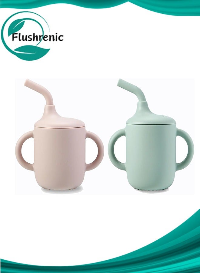 Flushrenic 2 Pack 100% Silicone Baby Straw Cups, Toddler Sippy Cup for Babies 6-12-18 Months, Spill Proof Tiny Drinking Training Cup with Handles & Straw for Baby and Toddler (Pink Green) - Image 1