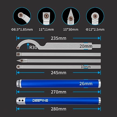 DEEFIINE Carbide Tip Wood Lathe Turning Tool Kit, Lathe Roughing and Finishing Hollow Tool Interchangeable Aluminum Alloy Handle with Diamond Round Square Carbide Inserts (Metal handle) - Image 4