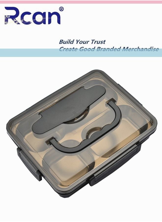 Rcan Black Four Five Grids Square Outdoor Stainless Steel Bento Box Set With Cutlery Fashion Durable Plastic Sealed Insulated Leakproof Lunch Box For Kids Adults  - Image 2