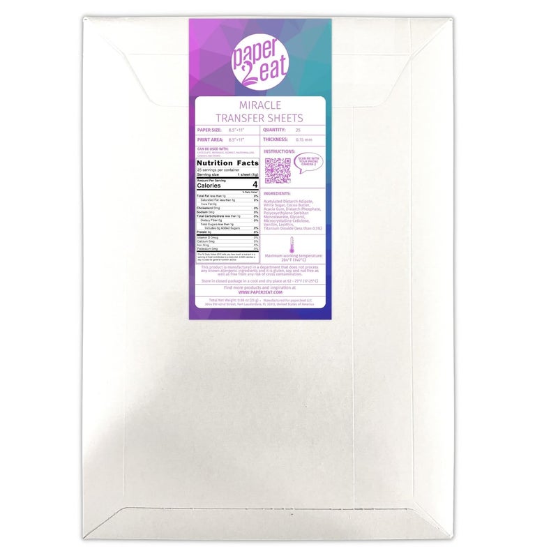 paper2eat أوراق نقل معجزة صالحة للأكل (سابقًا أوراق نقل الشوكولاتة) 8.5" × 11" – 25 قطعة – لطابعات الورق الصالح للأكل - Image 1