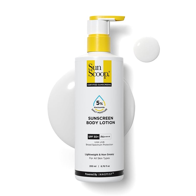 SunScoop 5 Niacinamide Daily Moisture Sunscreen Body Lotion SPF 50 PA  24Hours Moisturization  Prevents Tan  Sunburn  Reduces Pigmentation  Lightweight  Nonsticky  Leaves No White Cast  For All Skin Types  Body Sunscreen for Summer  200 ml - Image 1