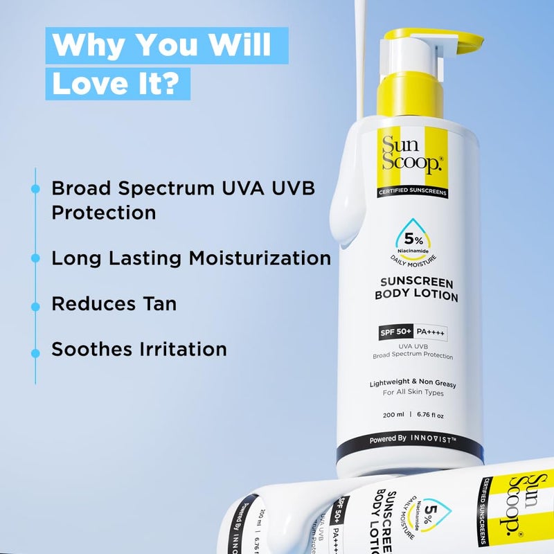 SunScoop 5 Niacinamide Daily Moisture Sunscreen Body Lotion SPF 50 PA  24Hours Moisturization  Prevents Tan  Sunburn  Reduces Pigmentation  Lightweight  Nonsticky  Leaves No White Cast  For All Skin Types  Body Sunscreen for Summer  200 ml - Image 4
