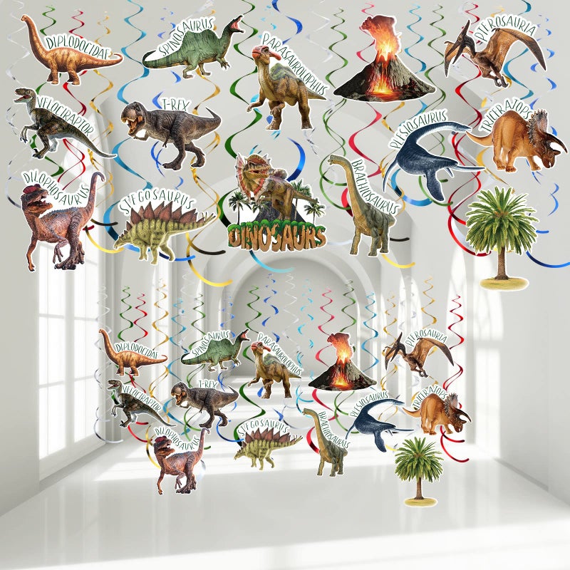 Faccito 57 Pcs Dinosaur Hanging Swirls Birthday Party Decorations Jungle Theme Party Supplies Dinosaur Foil Swirls Ceiling Spiral Streamers for Girl Boy Baby Shower, Only 27 Cards - Image 1