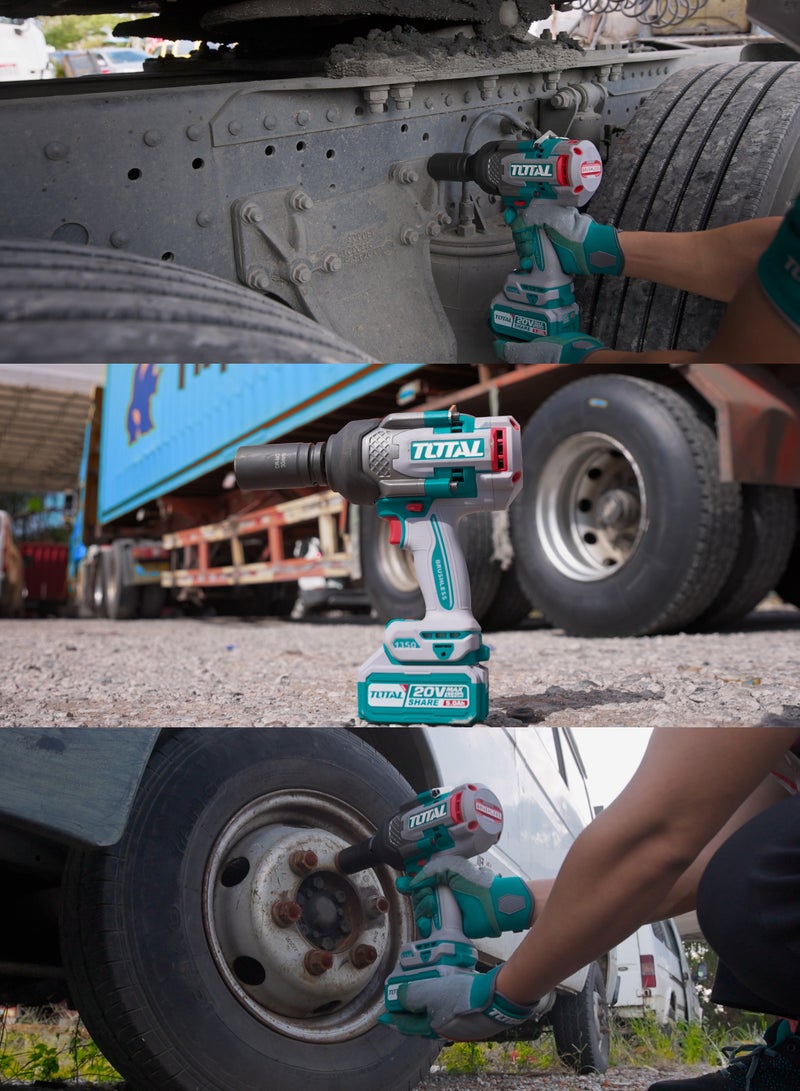 TOTAL 20V Cordless Impact Wrench, Brushless Motor, 3/4 Inch Drive, 1350Nm Torque, 3 Speed Settings, with 2x5.0Ah Batteries, 4A Charger, 3 Sockets, Work Light, Carrying Case - Image 3