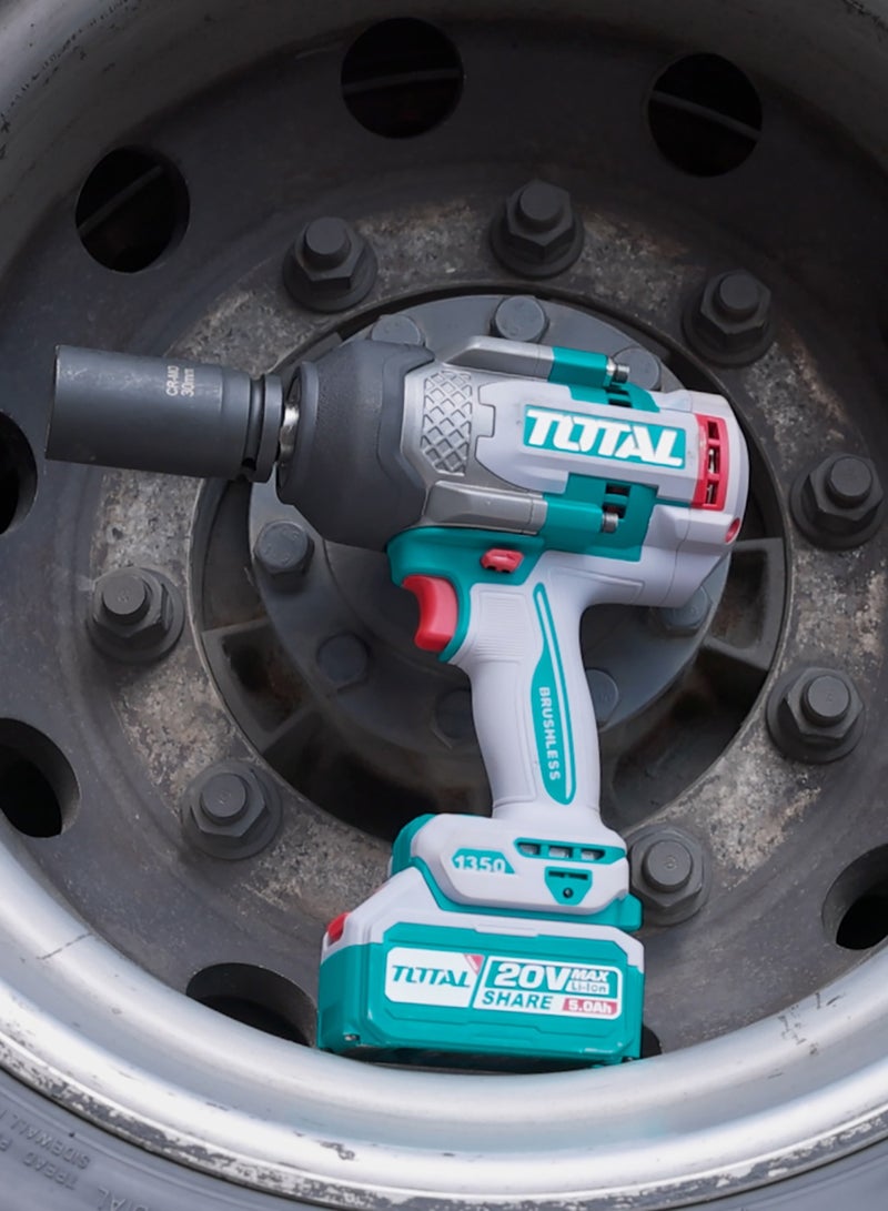 TOTAL 20V Cordless Impact Wrench, Brushless Motor, 3/4 Inch Drive, 1350Nm Torque, 3 Speed Settings, with 2x5.0Ah Batteries, 4A Charger, 3 Sockets, Work Light, Carrying Case - Image 2