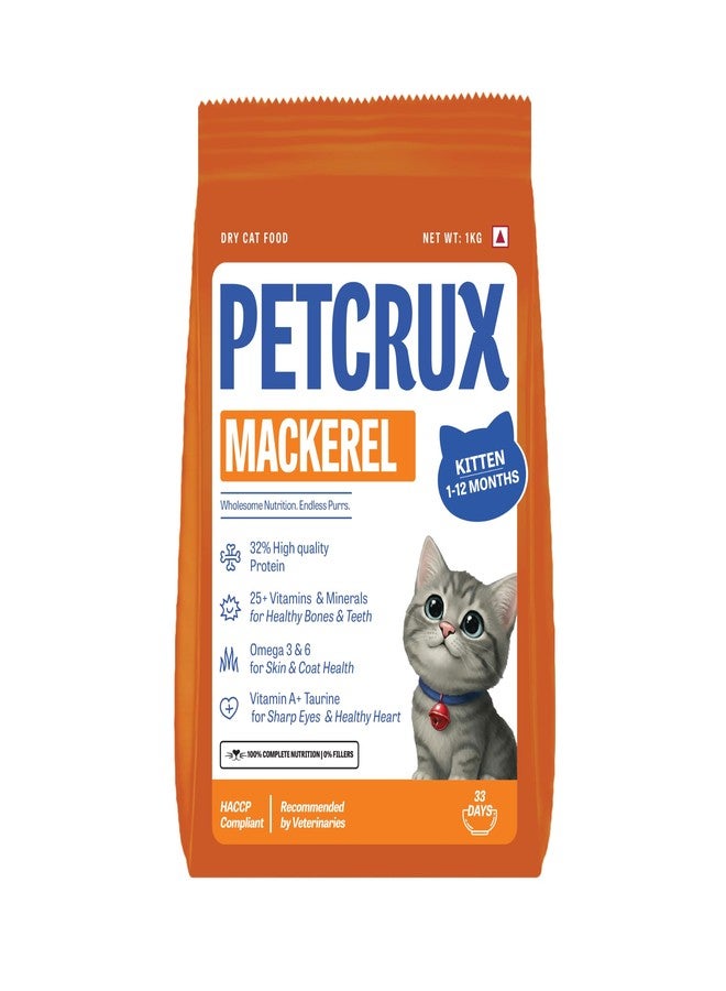 Petcrux Dry Kitten Cat Food, Mackerel Fish Flavor, with Omega 3 & 6 and Taurine, Complete & Balanced Nutrition for Growing Kittens, 1 kg - Image 1