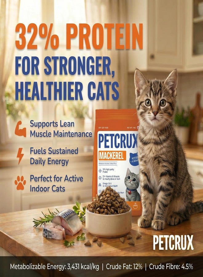 Petcrux Dry Kitten Cat Food, Mackerel Fish Flavor, with Omega 3 & 6 and Taurine, Complete & Balanced Nutrition for Growing Kittens, 1 kg - Image 3
