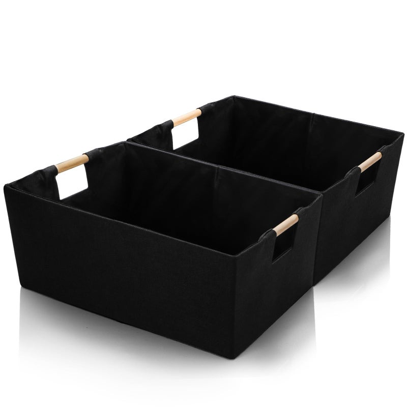 ZOOFOX Set of 2 Black Storage Baskets, Closet Storage Bins with Wooden Handles, Foldable Rectangular Storage Baskets for Shelves, Closets, Home, Office - Image 1