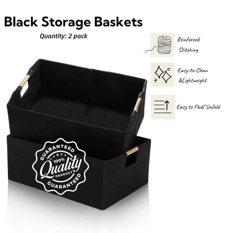 ZOOFOX Set of 2 Black Storage Baskets, Closet Storage Bins with Wooden Handles, Foldable Rectangular Storage Baskets for Shelves, Closets, Home, Office - Image 5