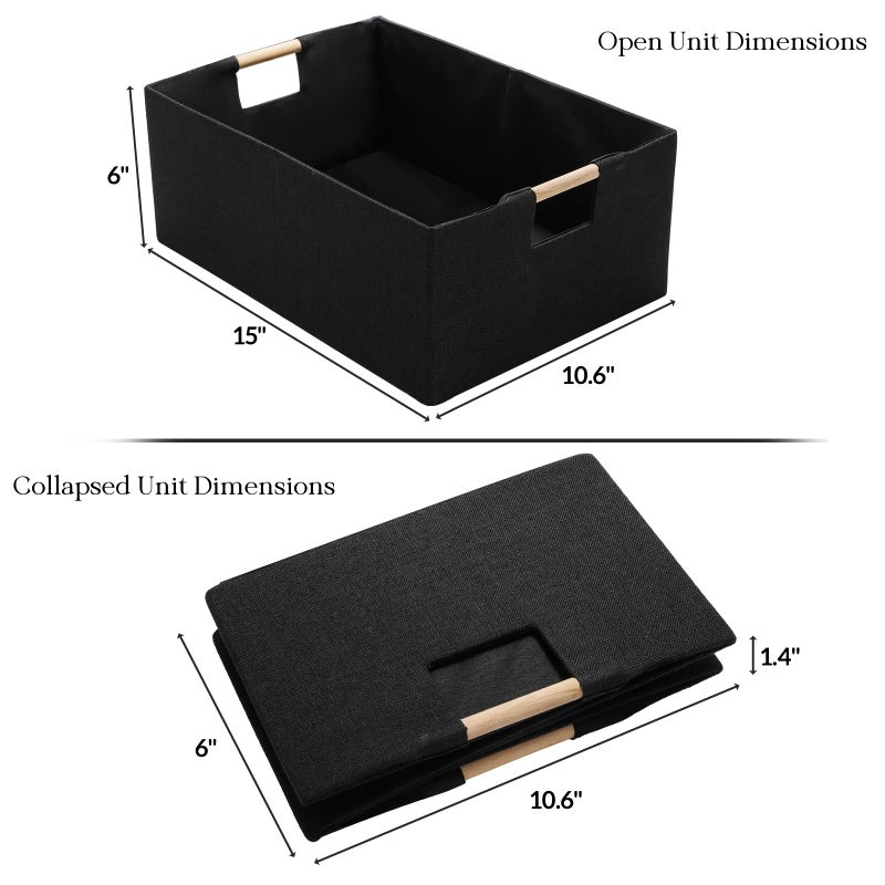 ZOOFOX Set of 2 Black Storage Baskets, Closet Storage Bins with Wooden Handles, Foldable Rectangular Storage Baskets for Shelves, Closets, Home, Office - Image 2