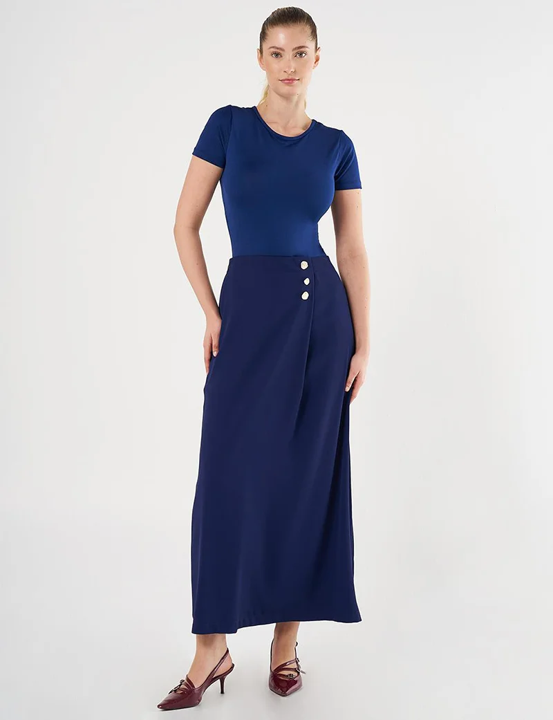 Kayra Gold Button High Waist Skirt Navy