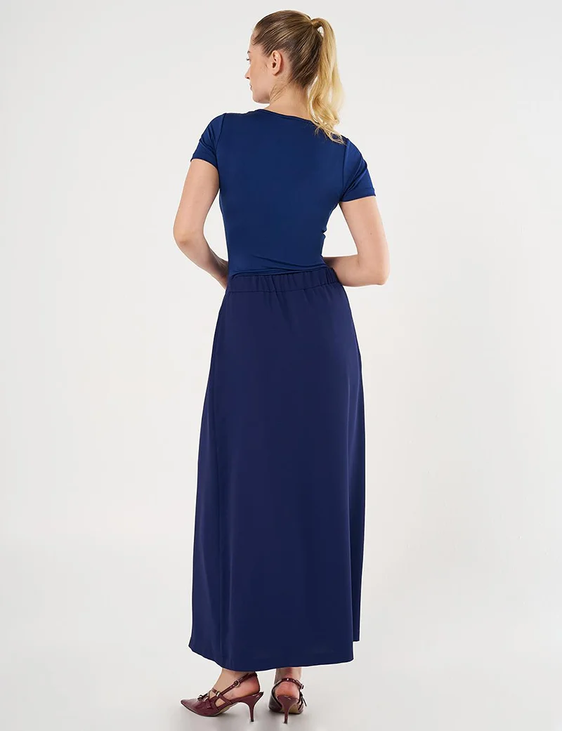 Kayra Gold Button High Waist Skirt Navy