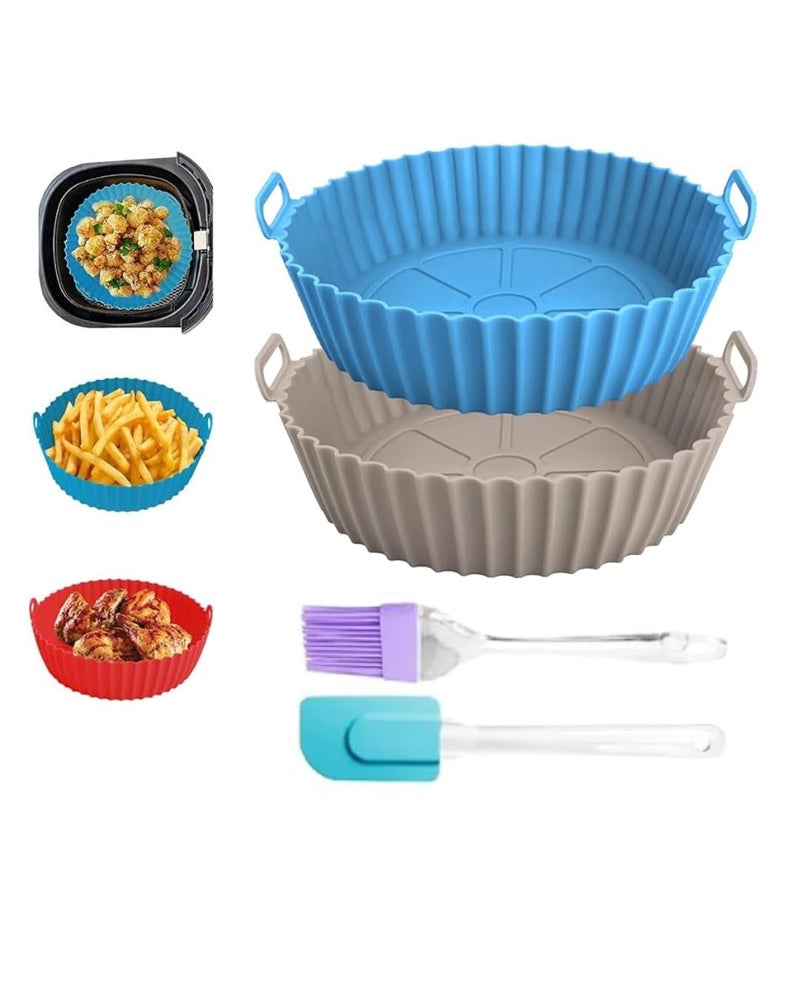 LIJIE Reusable MultiColor Round Silicone Blue and Grey Air Fryer Basket with Ear Handles Nonstick Oil Brush Spatula  - Image 1