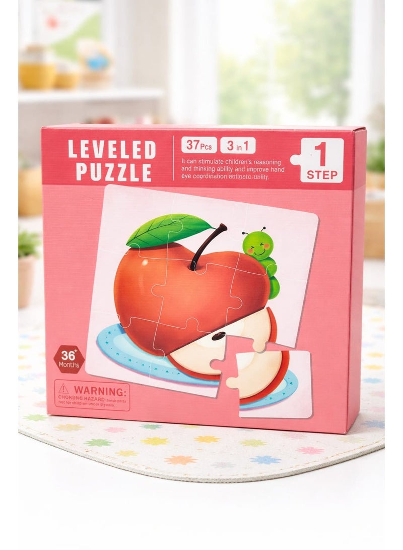 أحجية متدرجة للأطفال - مجموعة أحجية تعليمية 3 في 1 مكونة من 37 قطعة | أحجية للمبتدئين من المستوى 1 | موضوع الفاكهة | لعبة تعليمية مبكرة للأطفال الصغار من عمر 3 سنوات فما فوق - Image 1