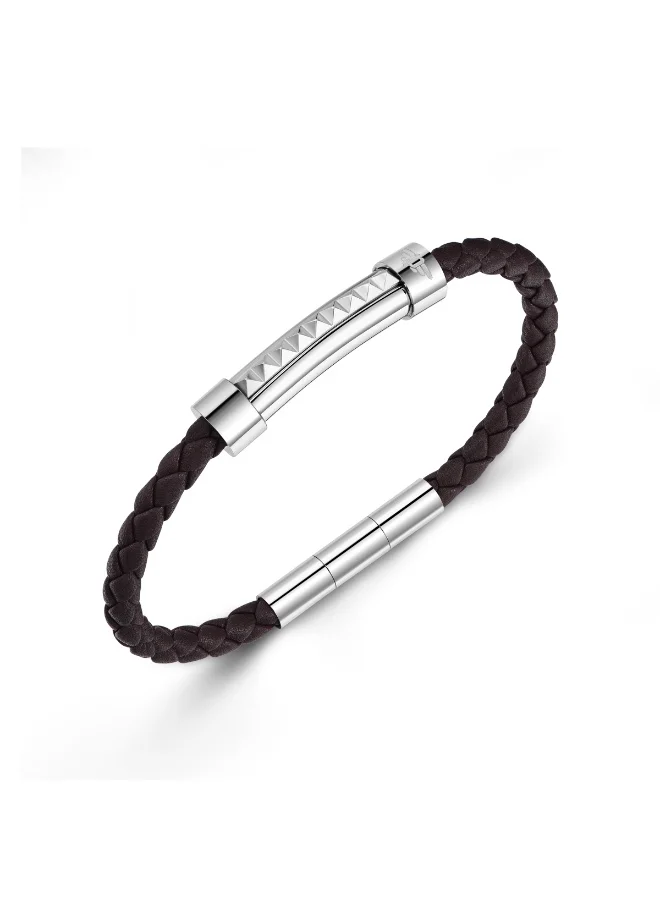 POLICE Geometric Silver Tube with Brown Leather Bracelet L