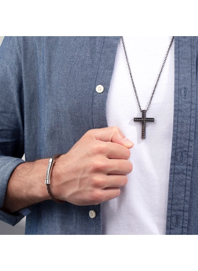 POLICE Geometric Silver Tube with Brown Leather Bracelet L