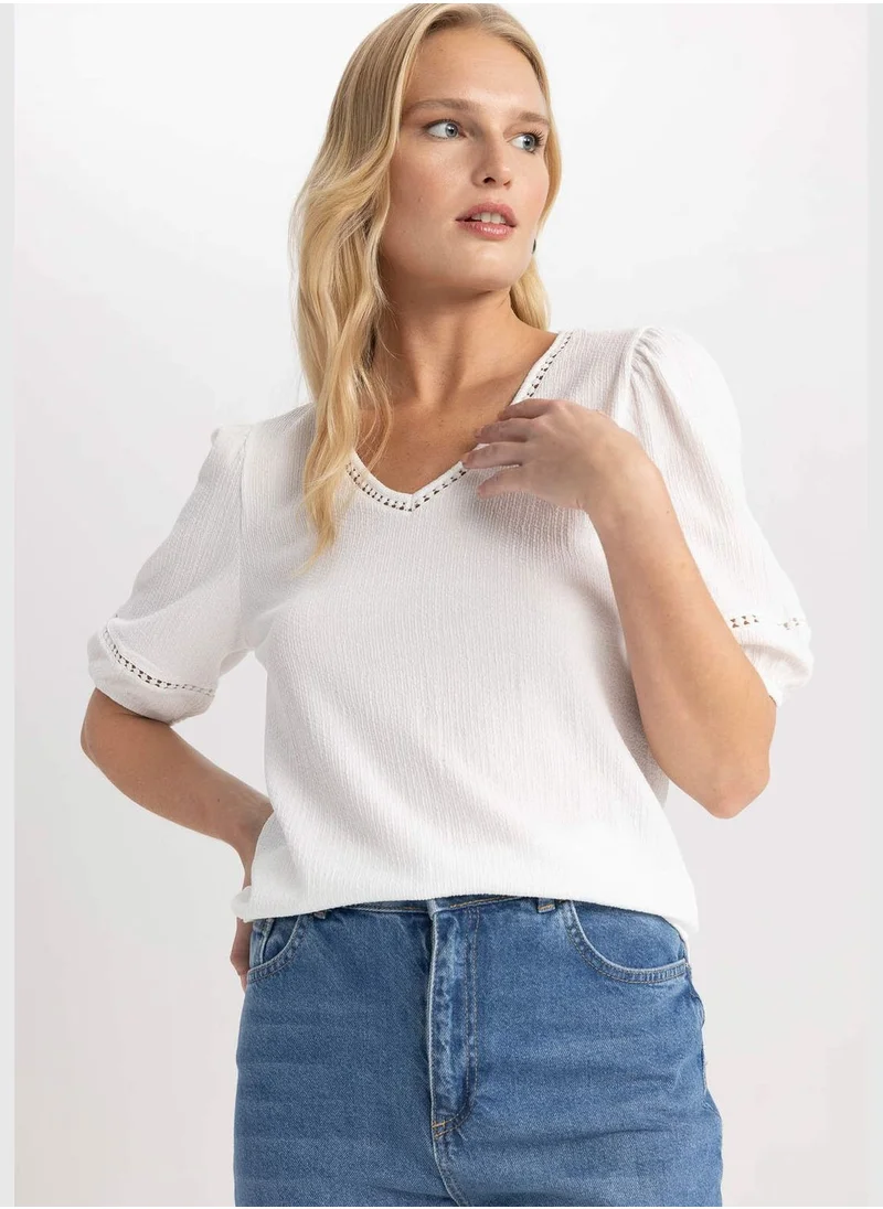 DeFacto Woman V Neck Knitted Short Sleeve T-Shirt