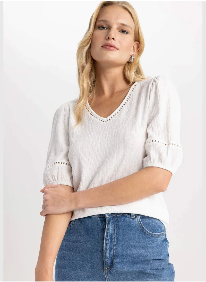 DeFacto Woman V Neck Knitted Short Sleeve T-Shirt