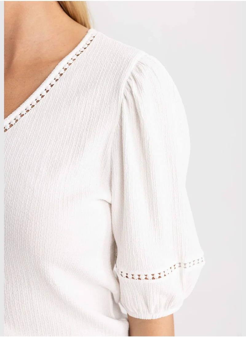 DeFacto Woman V Neck Knitted Short Sleeve T-Shirt
