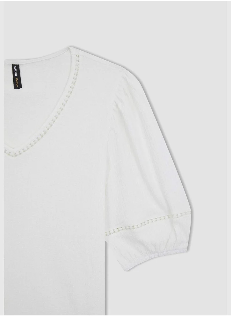 DeFacto Woman V Neck Knitted Short Sleeve T-Shirt
