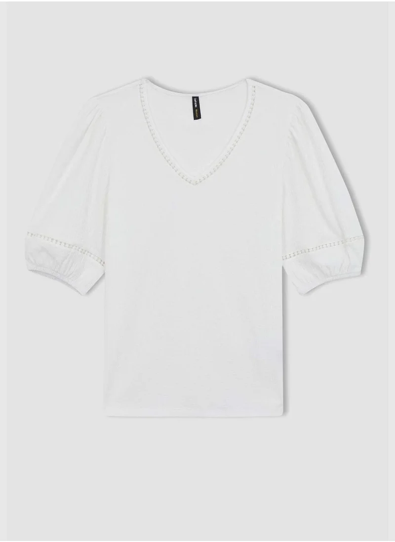 DeFacto Woman V Neck Knitted Short Sleeve T-Shirt