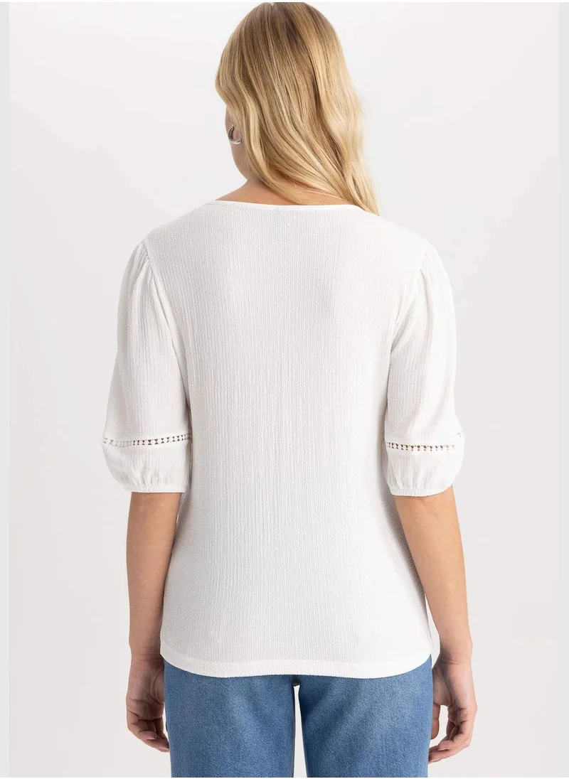 DeFacto Woman V Neck Knitted Short Sleeve T-Shirt
