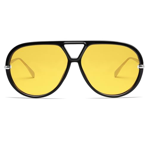 VANLINKER Trendy Polarized Aviator Sunglasses for Women Men Retro Oversized Round Sunglasses Vintage Side Shield Shades VL9798, Black/Yellow - Image 1