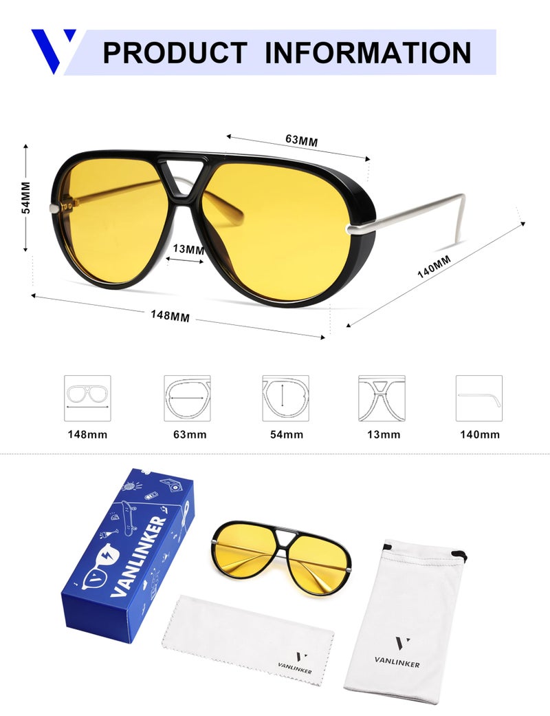 VANLINKER Trendy Polarized Aviator Sunglasses for Women Men Retro Oversized Round Sunglasses Vintage Side Shield Shades VL9798, Black/Yellow - Image 5