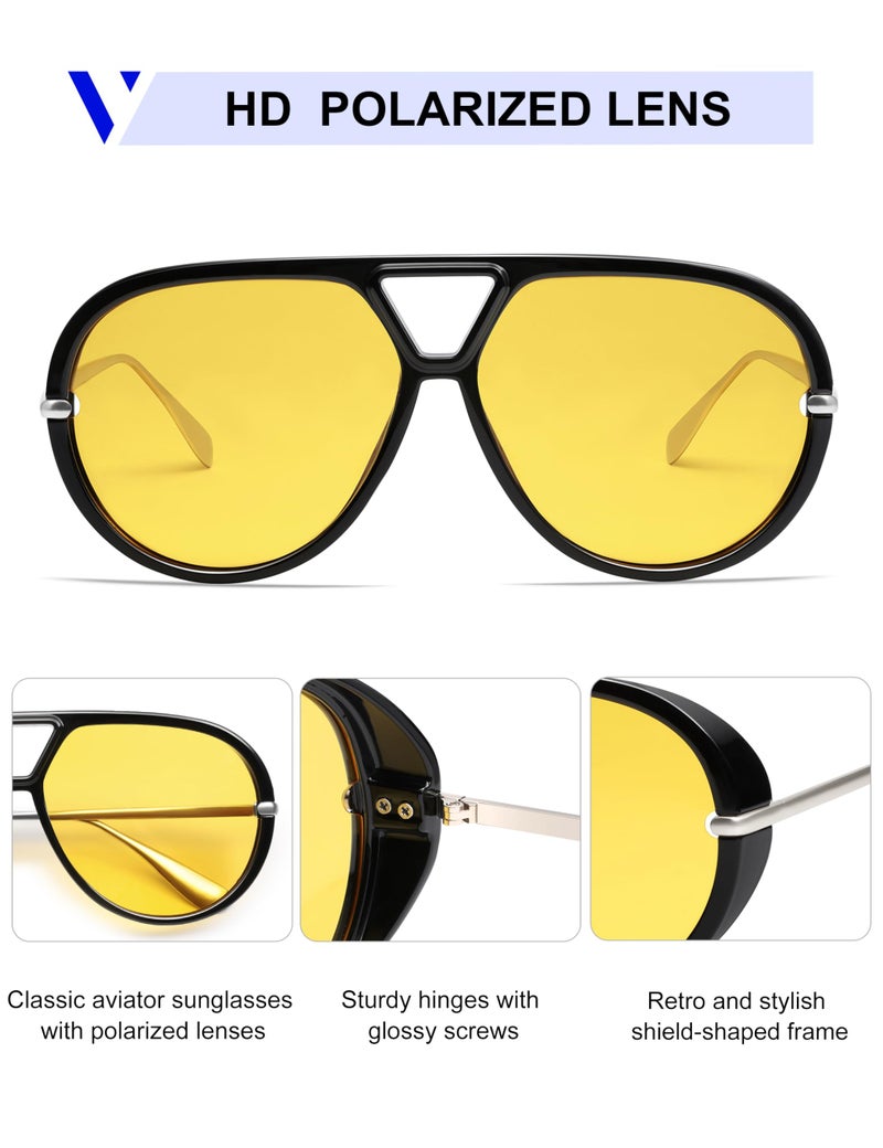 VANLINKER Trendy Polarized Aviator Sunglasses for Women Men Retro Oversized Round Sunglasses Vintage Side Shield Shades VL9798, Black/Yellow - Image 4