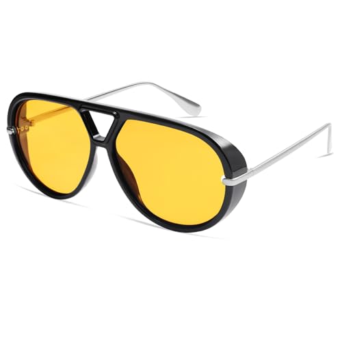 VANLINKER Trendy Polarized Aviator Sunglasses for Women Men Retro Oversized Round Sunglasses Vintage Side Shield Shades VL9798, Black/Yellow - Image 3