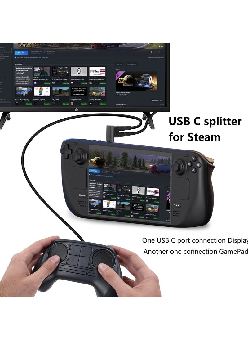 إيروريكس - محول USB C، موصل شحن من النوع C إلى 2 USB 3.1 USB C PD100W، محول USB C ذكر 90 درجة إلى محول أنثى USB-C مزدوج للهواتف الذكية والكمبيوتر المحمول والكمبيوتر اللوحي Steam Deck - Image 1