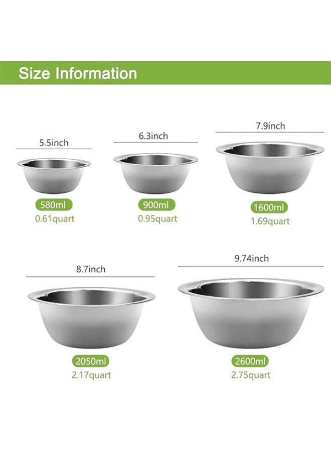 طقم أطباق خلط من الفولاذ المقاوم للصدأ 5 قطع - أطباق مطبخ قابلة للتداخل - آمنة للغسالة - مثالية للطهي والخبز وإعداد الوجبات (الأغطية غير متضمنة) - Image 2