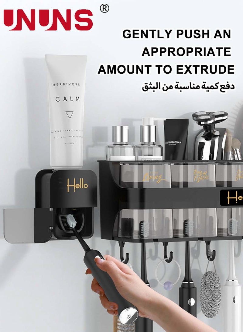 UNUNS Automatic Toothpaste Dispenser Wall Mounted With Toothbrush Holder,Multi-Functional Space Saving Toothbrush Organizer With 4 Cups,No Drill Need,Dustproof,4 Brush Slots And Hooks - Image 2