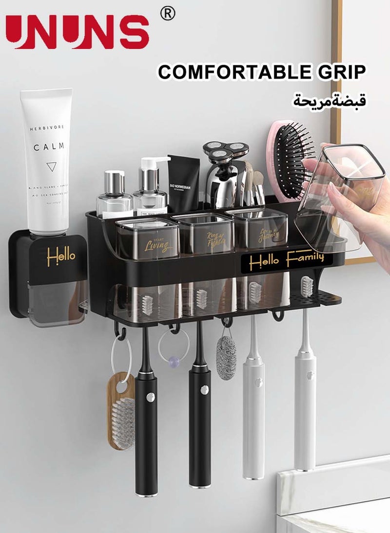 UNUNS Automatic Toothpaste Dispenser Wall Mounted With Toothbrush Holder,Multi-Functional Space Saving Toothbrush Organizer With 4 Cups,No Drill Need,Dustproof,4 Brush Slots And Hooks - Image 1