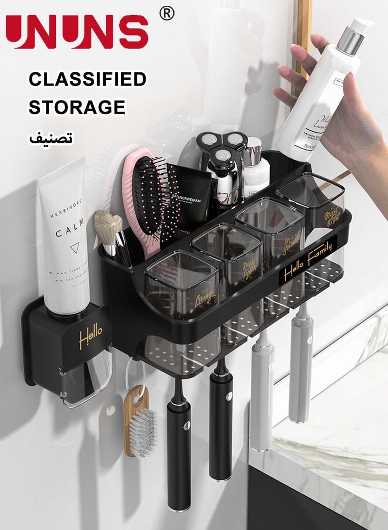 UNUNS Automatic Toothpaste Dispenser Wall Mounted With Toothbrush Holder,Multi-Functional Space Saving Toothbrush Organizer With 4 Cups,No Drill Need,Dustproof,4 Brush Slots And Hooks - Image 5