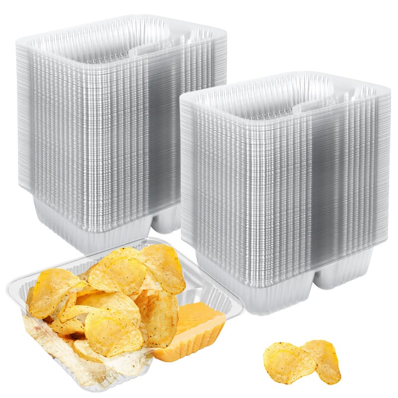 TKOnline 200 Pack 12oz 6x5 Inches Plastic Nacho Trays 2 Compartments Disposable Snack Tray Clear Nacho Containers for Chip and Dip Concession Stands Movie Night Carnival Party Supplies