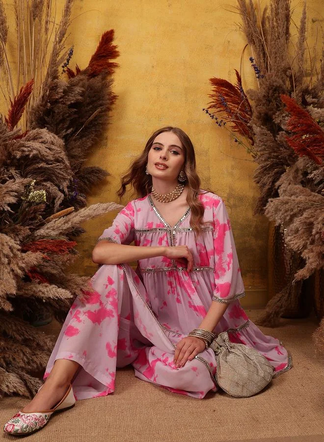 STREET 9 Embellished V-Neck Anarkali Kurta with Sharara Set