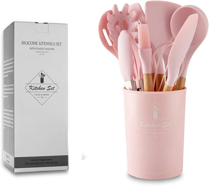 KEIDASON 12 Pcs Silicone Cooking Utensils Kitchen Utensil Set - Wooden Handles Cooking Tools Turner Tongs Spatulas Spoon for nonstick Cookware with Bamboo Holder (Pink) - Image 2