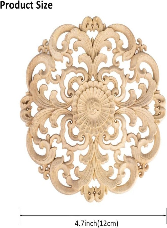 Metany 2PCS Unpainted Round Decorative Wood Carved Appliques Onlays Dia12cm/4.72",Unfinished Wooden Carved Flower Carvings Decals for Furniture Cabinet Bed Wardrobe Closet DIY Decoration - Image 2