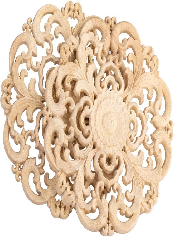 Metany 2PCS Unpainted Round Decorative Wood Carved Appliques Onlays Dia12cm/4.72",Unfinished Wooden Carved Flower Carvings Decals for Furniture Cabinet Bed Wardrobe Closet DIY Decoration - Image 1