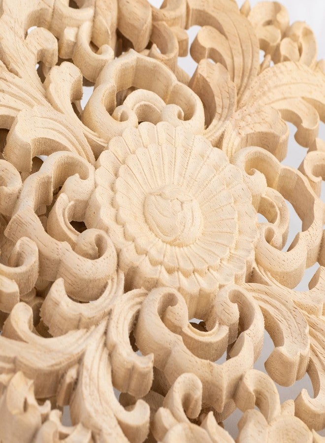 Metany 2PCS Unpainted Round Decorative Wood Carved Appliques Onlays Dia12cm/4.72",Unfinished Wooden Carved Flower Carvings Decals for Furniture Cabinet Bed Wardrobe Closet DIY Decoration - Image 3