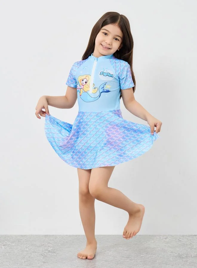 ستايلي Styli Mermaid Print Swim Dress and Shorts Set