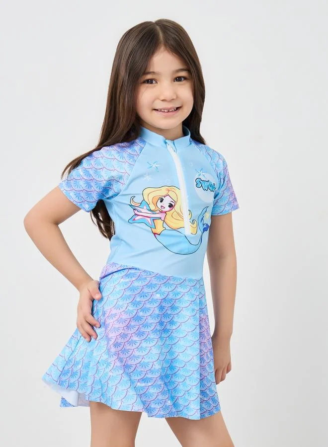 ستايلي Styli Mermaid Print Swim Dress and Shorts Set