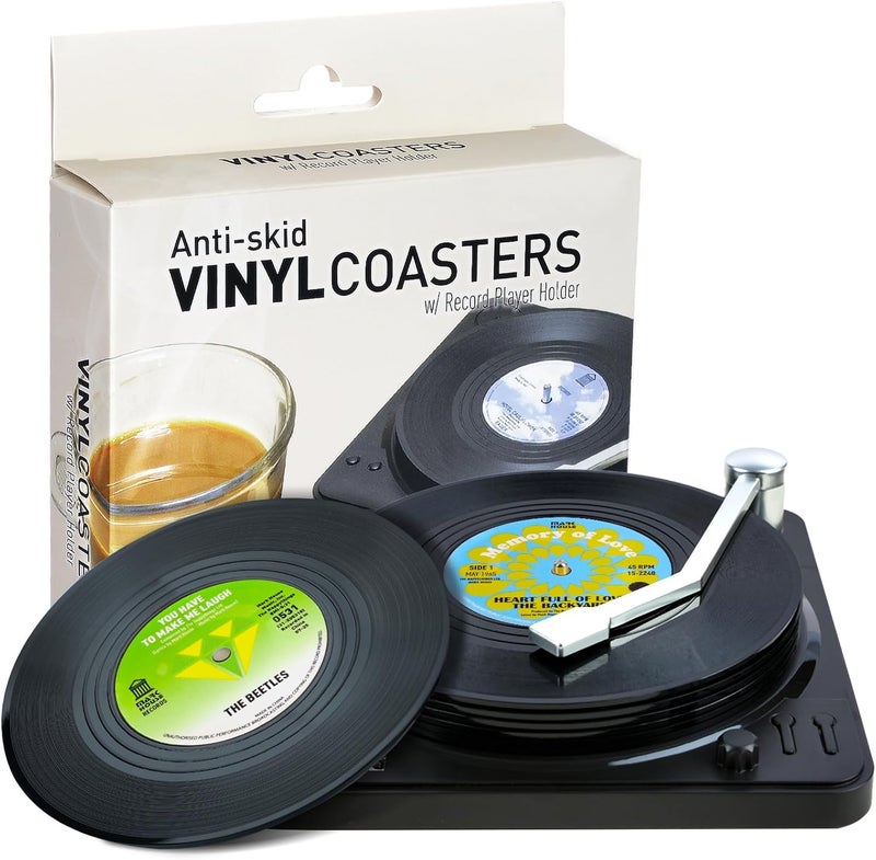 Ankzon Funny Retro Record Coasters for Drinks with Vinyl Player Holder for Music Lovers,Set of 6 Conversation Piece Sayings Drink Coaster,Housewarming Hostess Wedding Registry Gift Ideas - Image 1