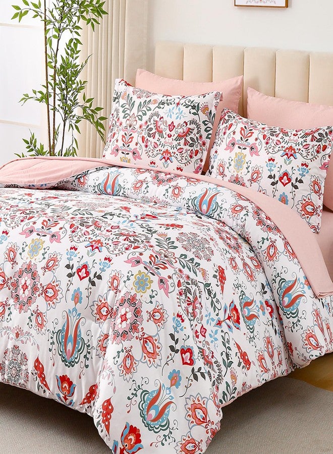 DHSFKBE Boho Comforter Set King - 7 Pieces Bed in a Bag Floral Design, Bohemian Comforter Set with Sheets, Soft Microfiber Complete Bedding Sets All Season (Light Pink, King) - Image 2